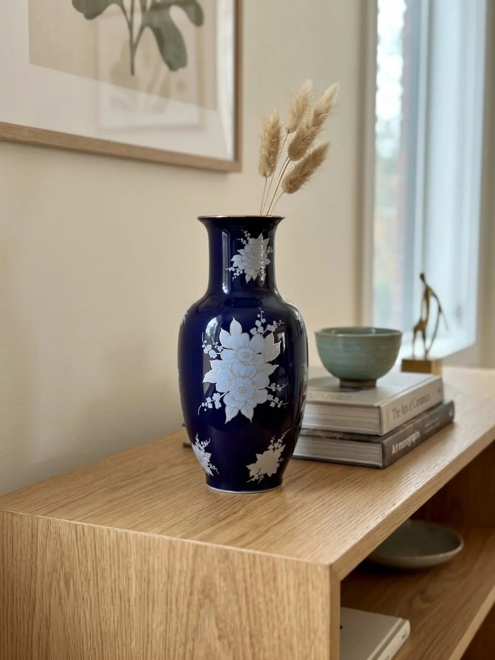 Cobalt Blue Porcelain Vase with Light Blue Floral Enamel and Gold Rim Detail